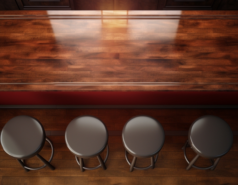 overhead view of classic high gloss epoxy bar top and bar stools