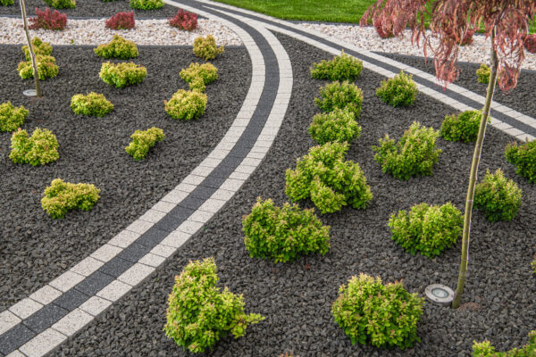 Beautiful landscaping in residential backyard.